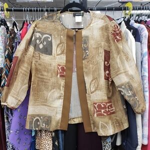 R & M Richards Beige Brown Patterned Open Front Semi Sheer Blouse Jacket